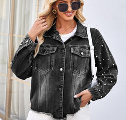 Pearl Trim Raw Hem Denim Jacket