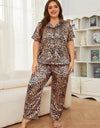 Plus Size Leopard Short Sleeve Top and Pants Lounge Set