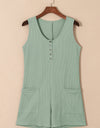 Waffle-Knit Half Button Sleeveless Romper with Pockets