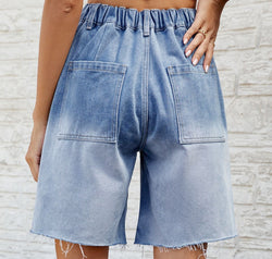 Buttoned Raw Hem Denim Shorts with Pockets