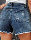 Distressed Fringe Denim Shorts with Pockets