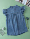 Raw Hem Button Up Cap Sleeve Denim Top