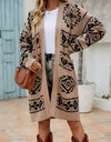 Pocketed Geometric Open Front Dropped Shoulder Cardigan