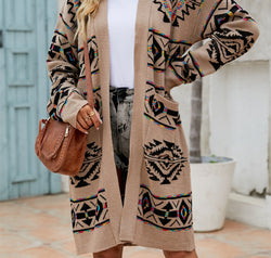 Pocketed Geometric Open Front Dropped Shoulder Cardigan