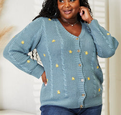 HEYSON Full Size Floral Embroidered Cable Cardigan