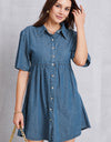 Button Up Collared Neck Tiered Denim Dress