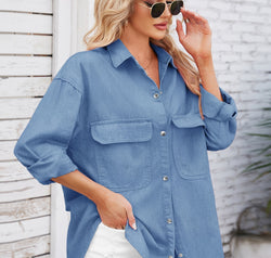 Pocketed Snap Down Dropped Shoulder Denim Shacket