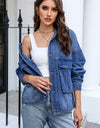 Button Up Dropped Shoulder Denim Jacket with Pockets