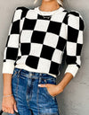 Plaid Round Neck Three-Quarter Sleeve Sweater