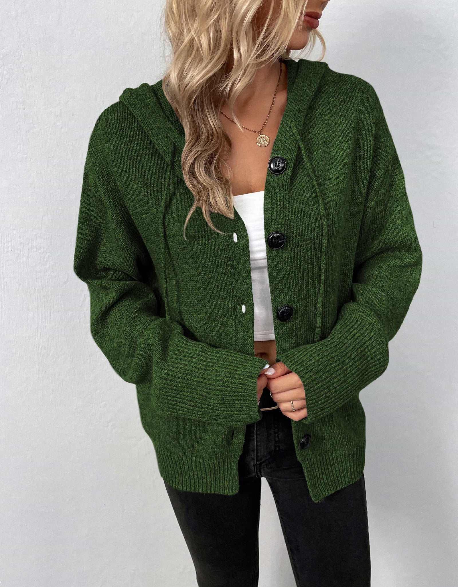 Button-Down Long Sleeve Hooded Sweater