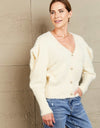 Woven Right Puff Sleeve V-Neck Fuzzy Cardigan