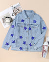 Pocketed Geometric Collared Neck Denim Jacket