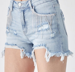 RISEN Frayed Hem Denim Shorts with Fringe Detail Pockets