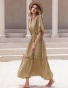 Tassel Trim Smocked V-Neck Short Sleeve Dress