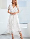 Sequin Leaf Embroidery Tie Front Short Sleeve Dress