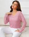 V-Neck Long Sleeve Eyelet Knit Top