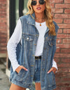 Collared Neck Sleeveless Denim Top with Pockets