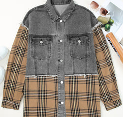 Plaid Raw Hem Button Up Denim Jacket