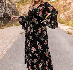 Plus Size Floral Flare Sleeve Dress