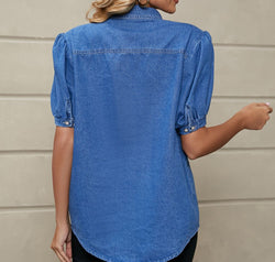 Puff Sleeve Collared Denim Top