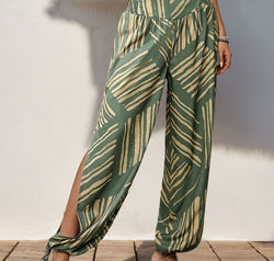 Smocked Slit Printed High Waist Pants
