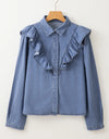 Ruffled Round Neck Long Sleeve Denim Top