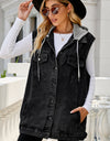 Drawstring Pocketed Button Up Sleeveless Denim Jacket