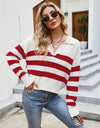 Striped Collared Neck Drop Shoulder Knit Top