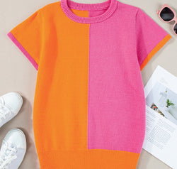 Contrast Round Neck Cap Sleeve Sweater