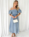 Off-Shoulder Balloon Sleeve Denim Dress