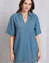 Pocketed Collared Neck Mini Denim Dress