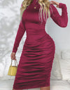 Ruched Mock Neck Long Sleeve Dress