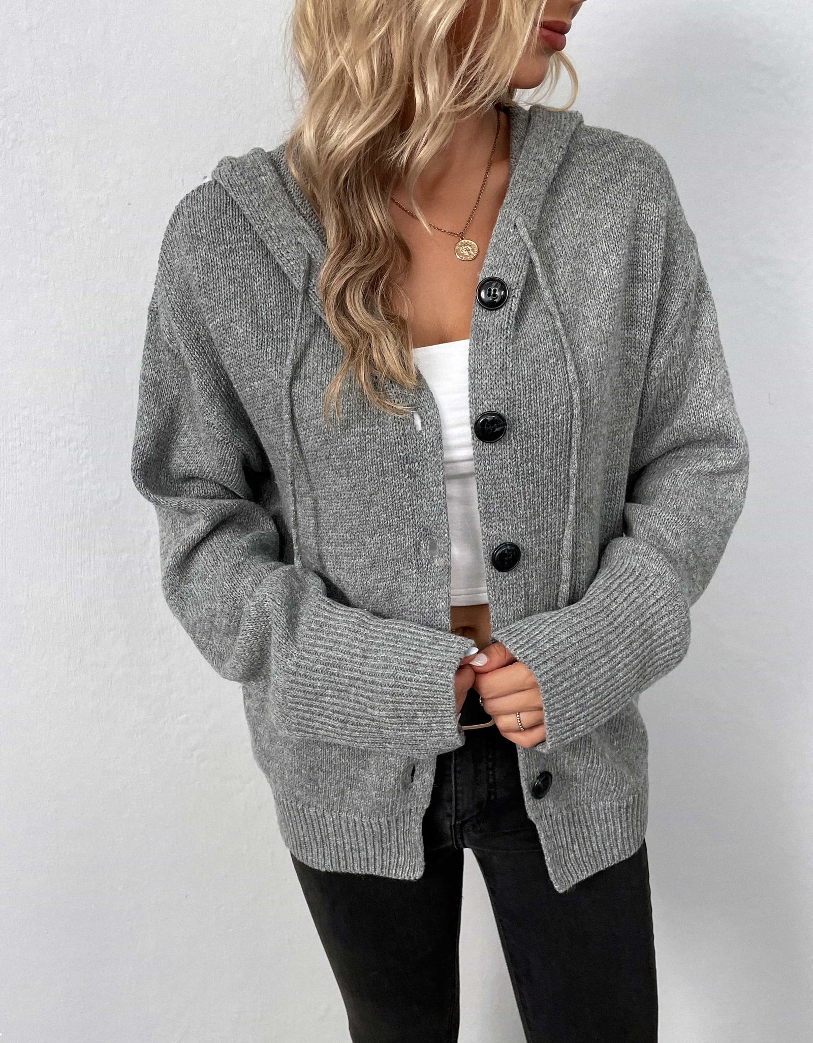 Button-Down Long Sleeve Hooded Sweater