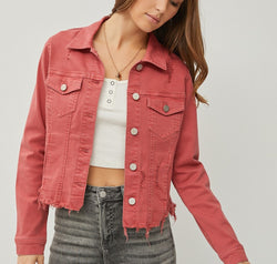 RISEN Raw Hem Button Up Cropped Denim Jacket