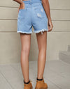 Fringe Trim Distressed Denim Shorts with Pockets