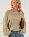 Openwork Boat Neck Lantern Sleeve Sweater