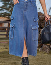 Slit Front Midi Denim Skirt with Pockets