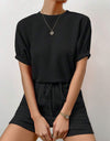 Waffle-Knit Round Neck T-Shirt and Pocketed Shorts Lounge Set