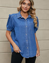 Puff Sleeve Collared Denim Top