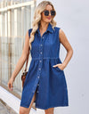 Button Up Collared Neck Sleeveless Denim Dress