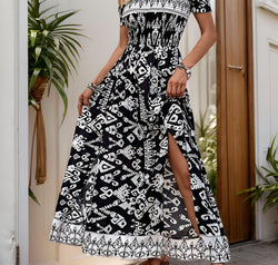 Perfee Slit Printed Off-Shoulder Dress