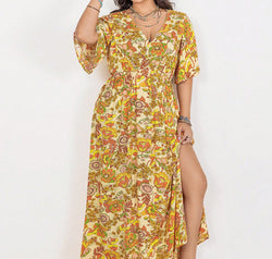 Floral V-Neck Short Sleeve Slit Dress
