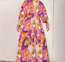 Plus Size Printed Tie Neck Maxi Dress
