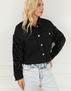 Sequin Button Up Raw Hem Denim Jacket