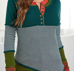 Striped Contrast Notched Long Sleeve Sweater
