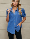 Puff Sleeve Collared Denim Top