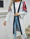 Geometric Fringe Hem Open Front Duster Cardigan