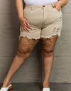 RISEN Katie Full Size High Waisted Distressed Shorts in Sand