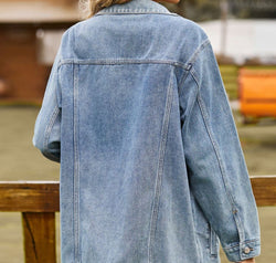 Buttoned Collared Neck Denim Jacket with Pockets