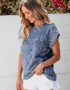 Pearl Trim Round Neck Cap Sleeve Denim Top